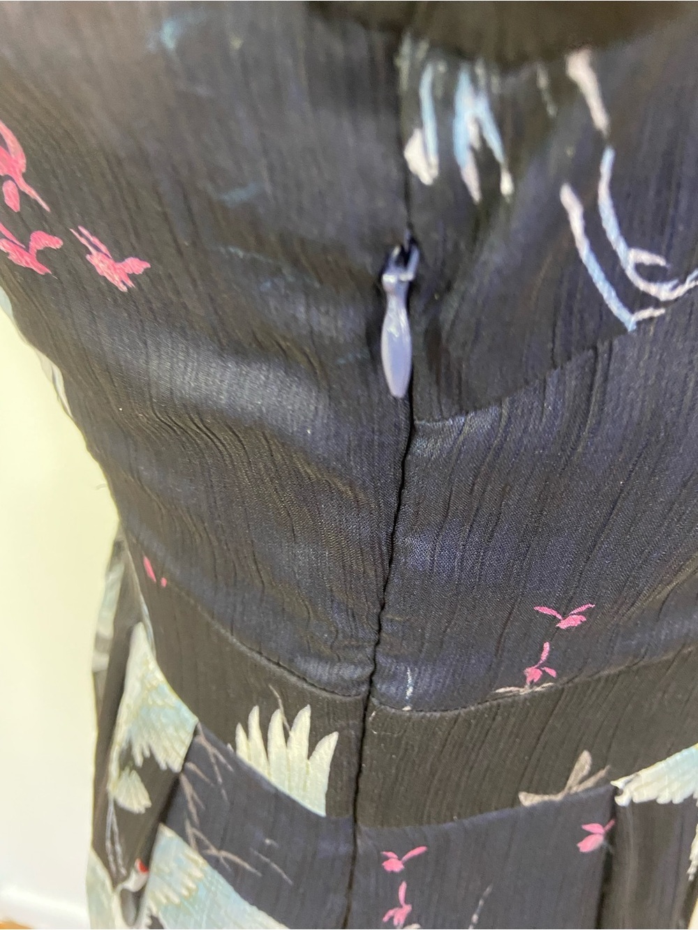 Metisu Japanese Crane Silk Dress Blue Fit & Flare Surplus Sz L Feminine Unique - Picture 6 of 12